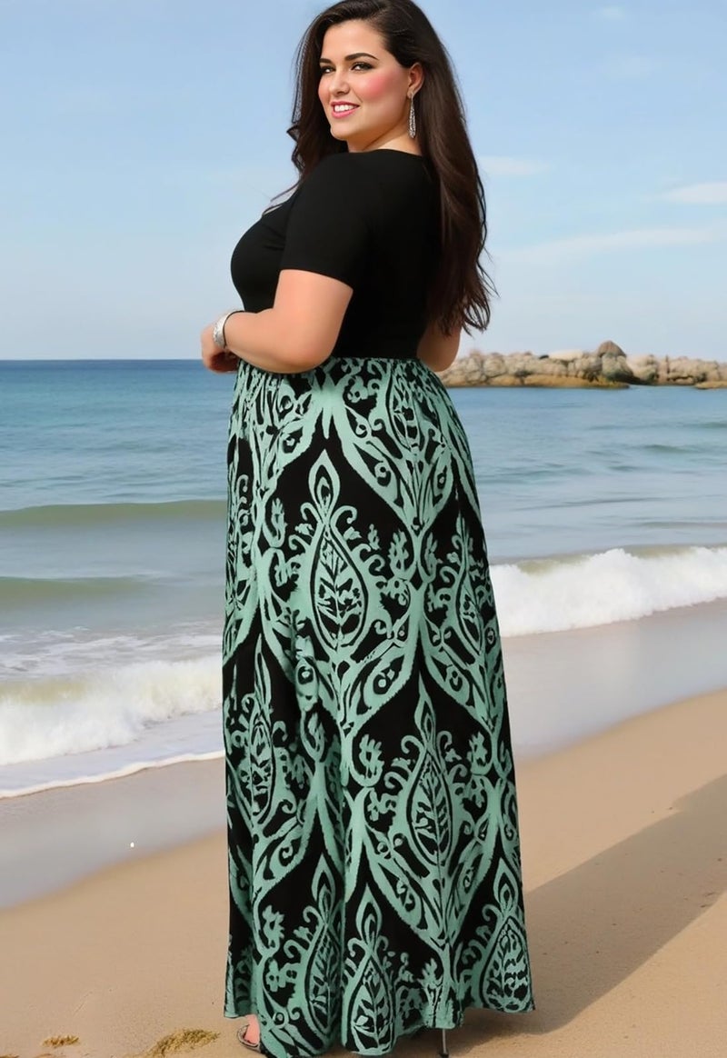 Nemidor Plus Size Maxi Dresses for Curvy Women Casual Summer Short Sleeve Chevron Print Long Dress with Pocket 14-26(155,20,Blue) - Image 3